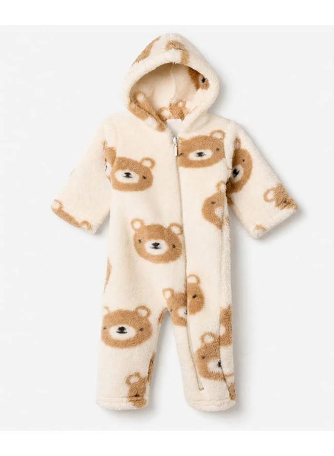 Babyhug Babyhug Fur Woven Full Sleeves Hooded Winter Wear Romper With Teddy Bear Design - Light Brown