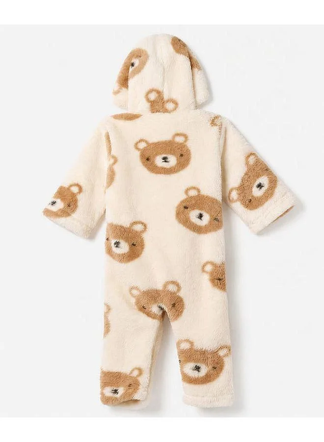 Babyhug Babyhug Fur Woven Full Sleeves Hooded Winter Wear Romper With Teddy Bear Design - Light Brown