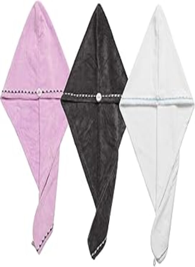 Borogo Hair Towel Wrap Turban Microfiber Drying Bath Shower Head Towel with Buttons, Quick Magic Dryer, Dry Hair Hat, Wrapped Bath Cap (White & Grey & Pink)
