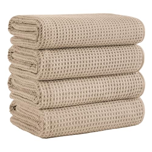 Microfiber Waffle Bath Towels 4 Pieces Soft Absorbent Fast Drying Lint Free 430 GSM Beige - Image 1