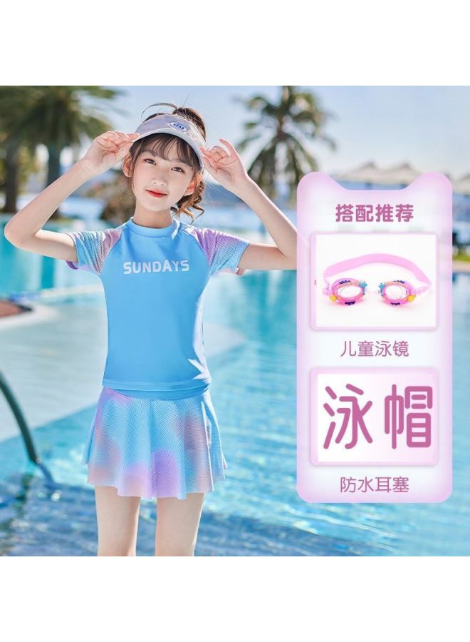 Children's Swimwear New Summer Beach Short-sleeved Sun-protective Two-piece Skirt-style Girls' Swimsuit For Older Children