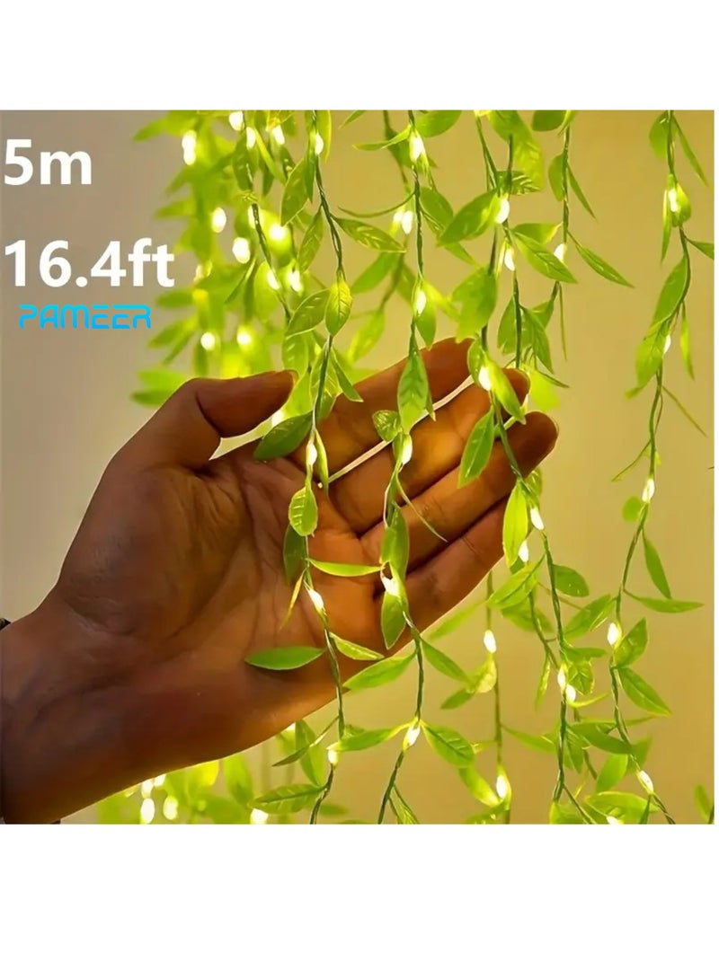 PAMEER 5.0m Modern LED Willow Vine Fairy Lights - Battery-Powered Green Leaf String Lights with Warm White to Cool Green Glow, Plugless Indoor/Outdoor Decoration for Weddings, Parties, Holidays - Durable Plastic, Button-Controlled (AA Batteries Not Included) - Image 1