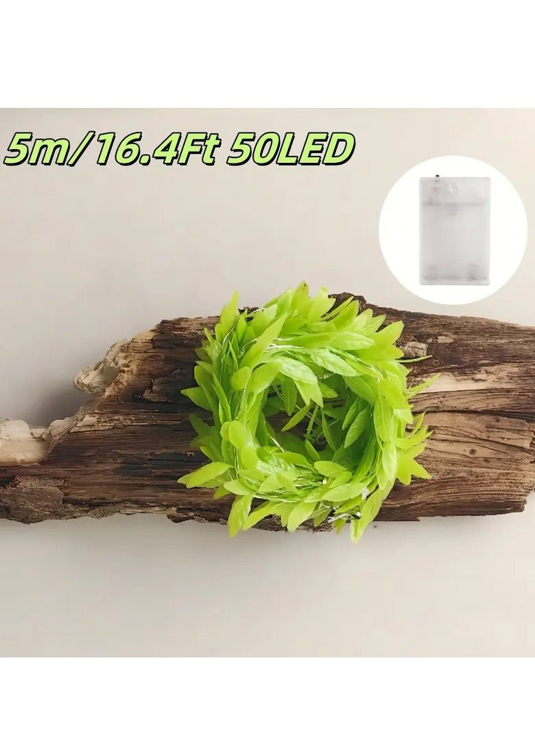 PAMEER 5.0m Modern LED Willow Vine Fairy Lights - Battery-Powered Green Leaf String Lights with Warm White to Cool Green Glow, Plugless Indoor/Outdoor Decoration for Weddings, Parties, Holidays - Durable Plastic, Button-Controlled (AA Batteries Not Included) - Image 2