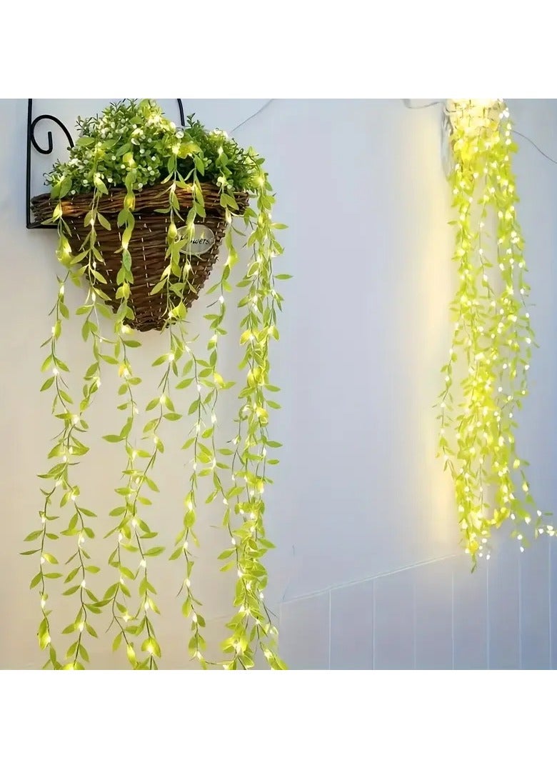 PAMEER 5.0m Modern LED Willow Vine Fairy Lights - Battery-Powered Green Leaf String Lights with Warm White to Cool Green Glow, Plugless Indoor/Outdoor Decoration for Weddings, Parties, Holidays - Durable Plastic, Button-Controlled (AA Batteries Not Included) - Image 3