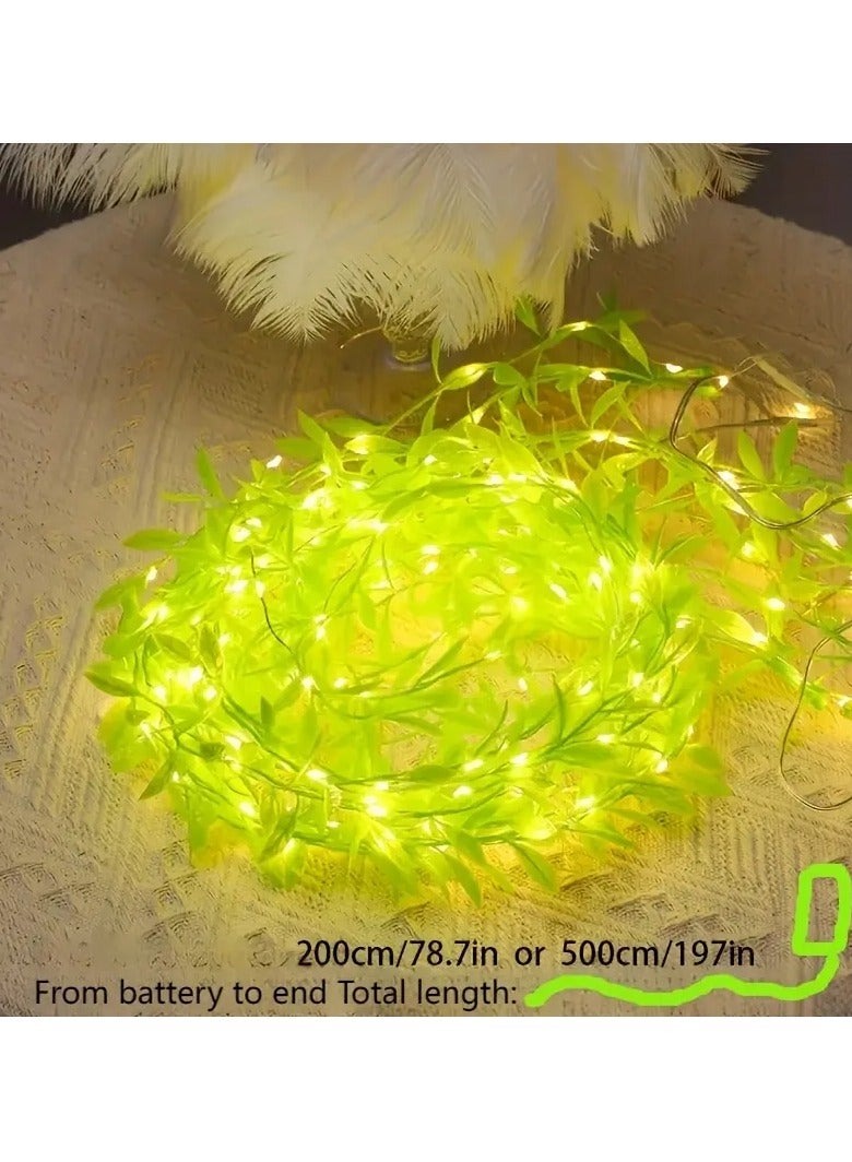 PAMEER 5.0m Modern LED Willow Vine Fairy Lights - Battery-Powered Green Leaf String Lights with Warm White to Cool Green Glow, Plugless Indoor/Outdoor Decoration for Weddings, Parties, Holidays - Durable Plastic, Button-Controlled (AA Batteries Not Included) - Image 4