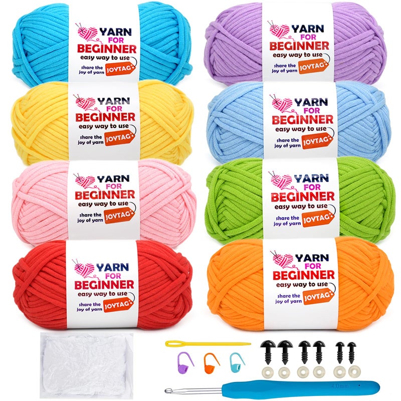 JOYTAG 8 Pack Beginners Crochet Yarn Blue Green Yellow Red Cotton Crochet Yarn for Crocheting Knitting Beginners with Easy-to-See Stitches Crochet Yarn for Beginners Crochet Kit(8x50g)-Bright Mix - Image 1