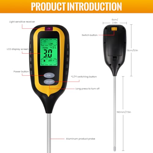 Serplex® Soil Moisture Meter 6 in 1 Digital Tester for PH/Light/Temp/Moisture/Fertility/Air Humidity, for Flowers and Potted Plants, Outdoors, Clear LCD Display, 9V Powered (Battery Not Included) - Image 2