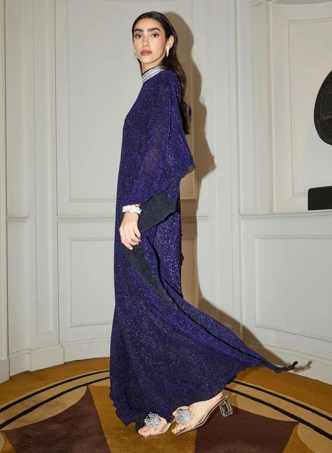 Purple Shimmer Plisse Kaftan with Crystal Collar