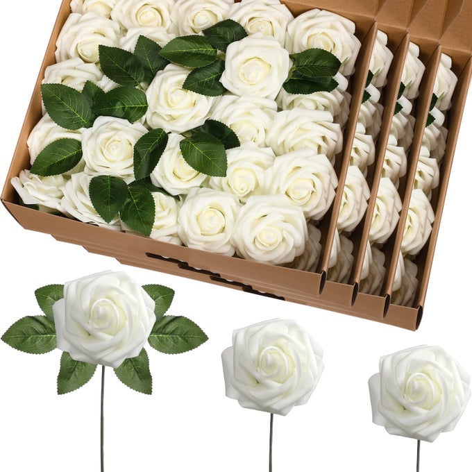 100 PIECES ARTIFICIAL FOAM ROSE FLOWERS FAUX BOUQUET WITH LEAVES AND STEMS FOR DIY WEDDING BOUQUETS CENTERPIECES BRIDAL SHOWER PARTY VALENTINE HOME DECORATIONSIVORY
