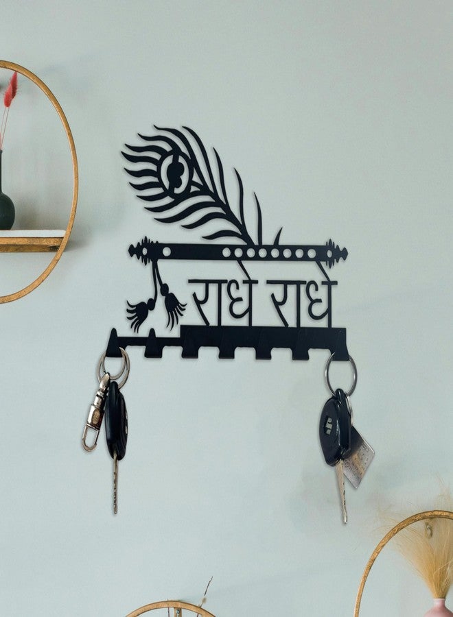 ZENTIMO STORE Wall Mount Key Holder, Black Metal, Traditional Indian Style with Peacock Feather Design, Sanskrit Text, 6 Hooks, 10x7 inch - Image 1