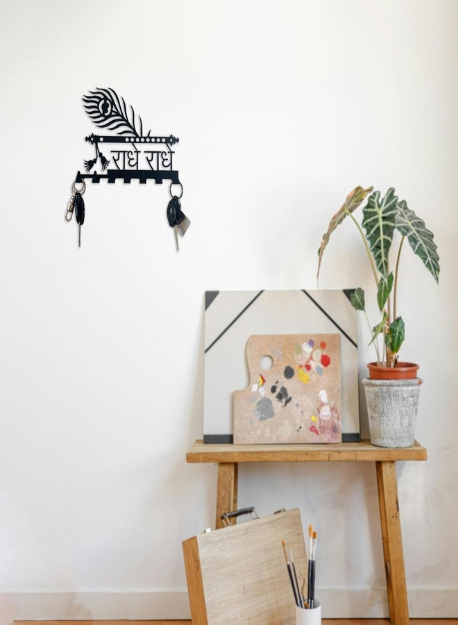 ZENTIMO STORE Wall Mount Key Holder, Black Metal, Traditional Indian Style with Peacock Feather Design, Sanskrit Text, 6 Hooks, 10x7 inch - Image 3