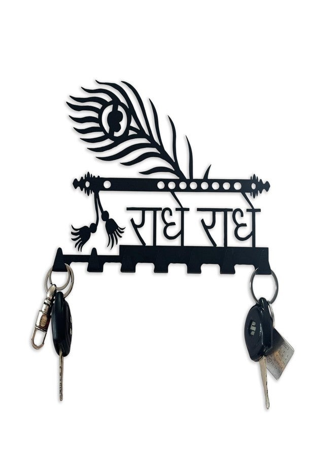 ZENTIMO STORE Wall Mount Key Holder, Black Metal, Traditional Indian Style with Peacock Feather Design, Sanskrit Text, 6 Hooks, 10x7 inch - Image 2