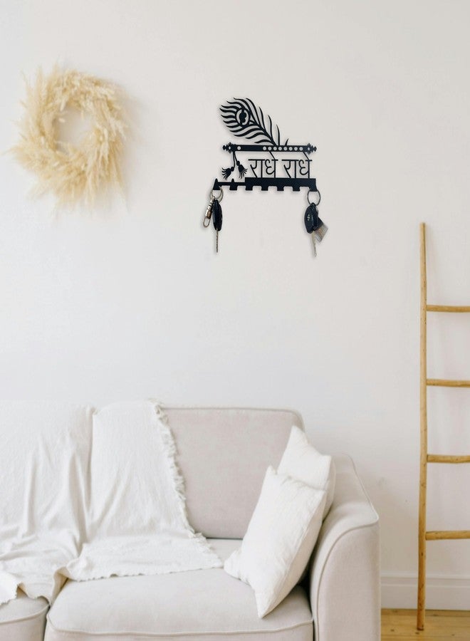 ZENTIMO STORE Wall Mount Key Holder, Black Metal, Traditional Indian Style with Peacock Feather Design, Sanskrit Text, 6 Hooks, 10x7 inch - Image 4