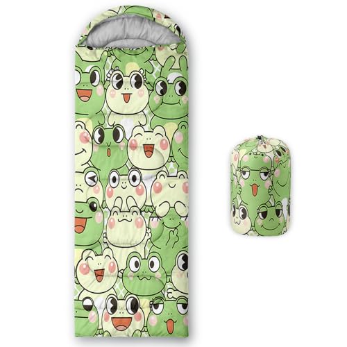 QOOMO Cute Cartoon Frog Green Printed Camping Sleeping Bags3 Season Warm Cool WeatherLightweightWaterproof Sleeping Bags for Adults KidsTravelingand OutdoorsCamping Gear Equipment31x90inch - Image 1