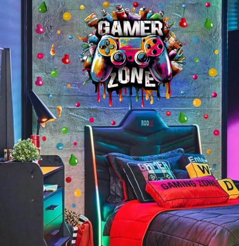 YIMEHDAN Large 3D Graffiti Gamer Zone Wall Decals (26.8”x26.4”), Watercolor Video Gaming Vinyl Wall Stickers for Game Lover, Removable Video Game Artwork for Boys Playroom Bedroom Decor - Image 2