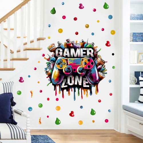 YIMEHDAN Large 3D Graffiti Gamer Zone Wall Decals (26.8”x26.4”), Watercolor Video Gaming Vinyl Wall Stickers for Game Lover, Removable Video Game Artwork for Boys Playroom Bedroom Decor - Image 5