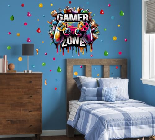 YIMEHDAN Large 3D Graffiti Gamer Zone Wall Decals (26.8”x26.4”), Watercolor Video Gaming Vinyl Wall Stickers for Game Lover, Removable Video Game Artwork for Boys Playroom Bedroom Decor - Image 4