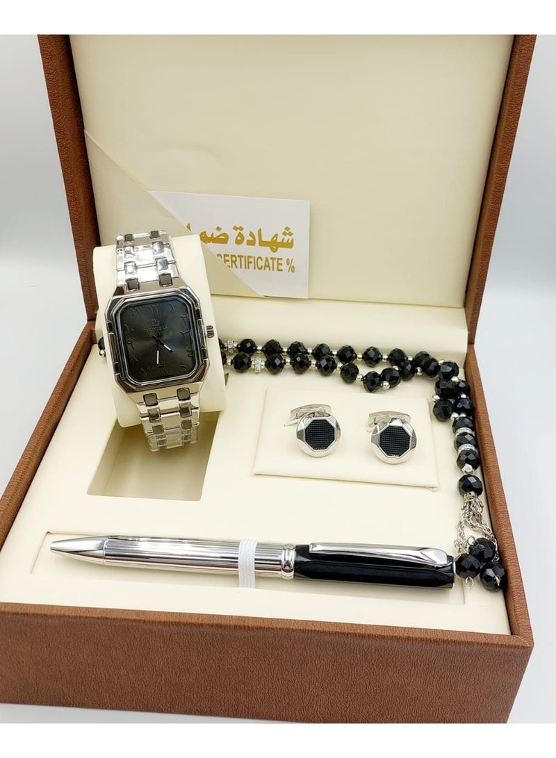 مونتيرا طقم رجالي مكون من ٤ قطع ساعة وقلم وكبك وسبحه
