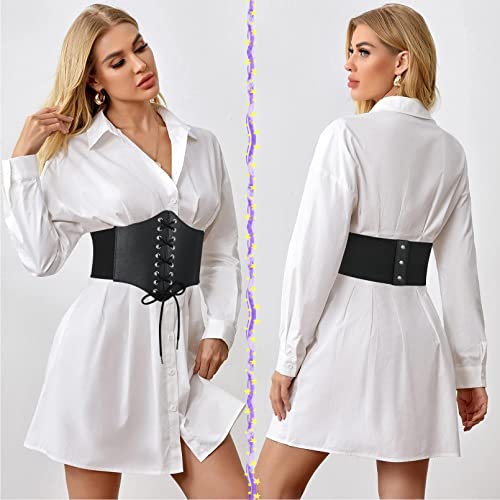 VONMELLI Corset Belt for Women Lace Up Elastic Waist Belts Retro Wide Tied Waspie Belt for Halloween Costume Black S - Image 2