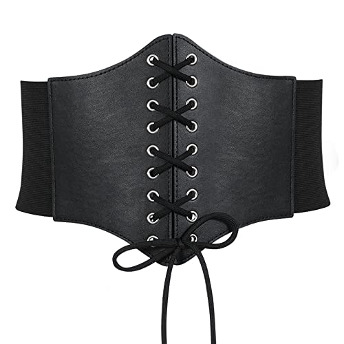 VONMELLI Corset Belt for Women Lace Up Elastic Waist Belts Retro Wide Tied Waspie Belt for Halloween Costume Black S - Image 1