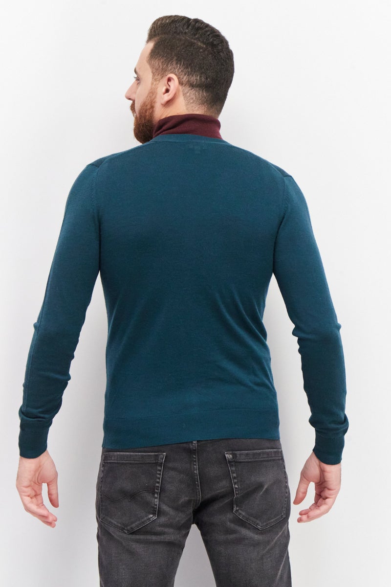 Men V Neck Long Sleeve Plain Cardigans, Dark Green