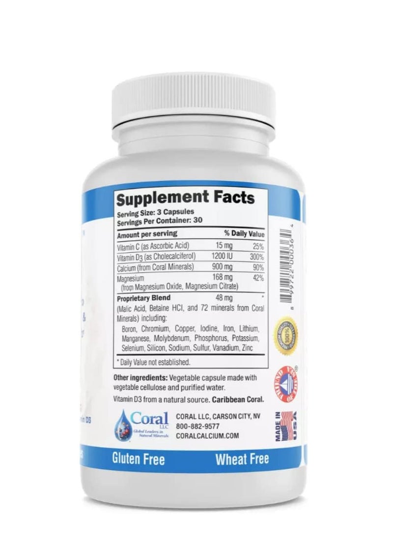 كورال وايت كالسيوم مرجاني 900 ملجم مع فيتامين د3 1200 وحدة دولية وماغنيسيوم 168 ملجم - 90 كبسولة نباتية - Image 2