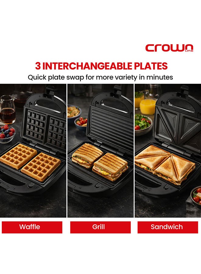 Crownline 2-Slice Sandwich Maker with 3 Detachable Plates (Grill, Waffle & Sandwich), Non-Stick Coating, Cool Touch Housing, Overheat Protection 2 Slices 850 W SM-441 black - Image 3