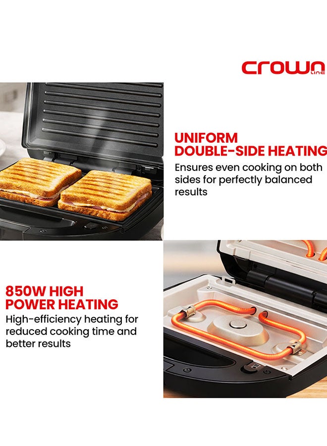 Crownline 2-Slice Sandwich Maker with 3 Detachable Plates (Grill, Waffle & Sandwich), Non-Stick Coating, Cool Touch Housing, Overheat Protection 2 Slices 850 W SM-441 black - Image 5