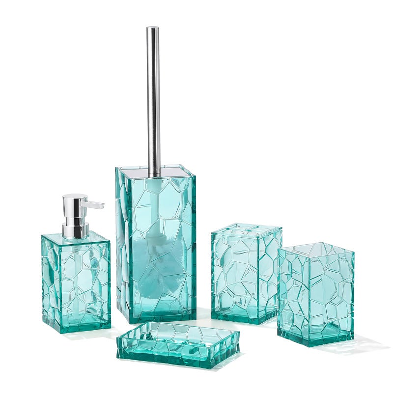 YAUKPH Clear Acrylic Bathroom Accessories Set RustFree Transparent Design Includes Soap Dispenser Toothbrush Holder Cup Soap Dish and Toilet Brush 5Piece Teal Blue - Image 2