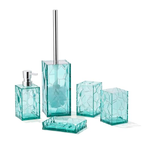 YAUKPH Clear Acrylic Bathroom Accessories Set RustFree Transparent Design Includes Soap Dispenser Toothbrush Holder Cup Soap Dish and Toilet Brush 5Piece Teal Blue - Image 1
