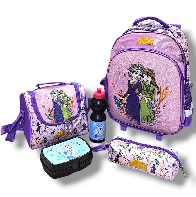 Disney FROZEN Frozen 5-in-1 Wheeled School Backpack for Kids (16-inch Trolley Bag with Lunch Box, Water Bottle, Pencil Case, and Lunch Box Storage Bag) - Image 1