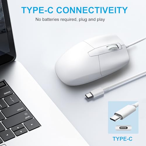 LOONASA USB C Wired Mouse, Type C Optical Mouse, Portable Silent Comfortable, for Laptop, Mac, MacBook, Android, PC, White - Image 3