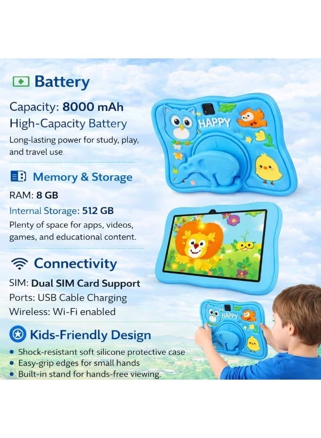 Telzeal P103 Kids Tablet 10.1 Inch Android 13, 8GB RAM, 512GB Storage, HD Display, 8000mAh Battery, Dual Cameras, WiFi, Shockproof Protective Case, Blue - Image 2