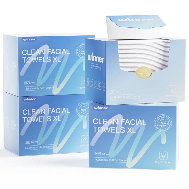 Winner مناديل وجه وينر، 100% قطن أمريكي قابل للتخلص، مناديل وجه نظيفة XL، خالية من الروائح، مناديل إزالة مكياج فائقة النعومة للبشرة الحساسة، قابلة للتحلل، 220 قطعة، 4 عبوات