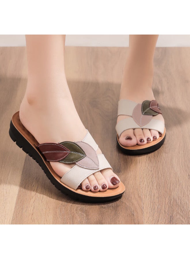 Warrior Mom Summer Sandals Middle-aged And Elderly Women's Shoes New Soft Sole Genuine Leather Slippers 0680 Beige Size 40