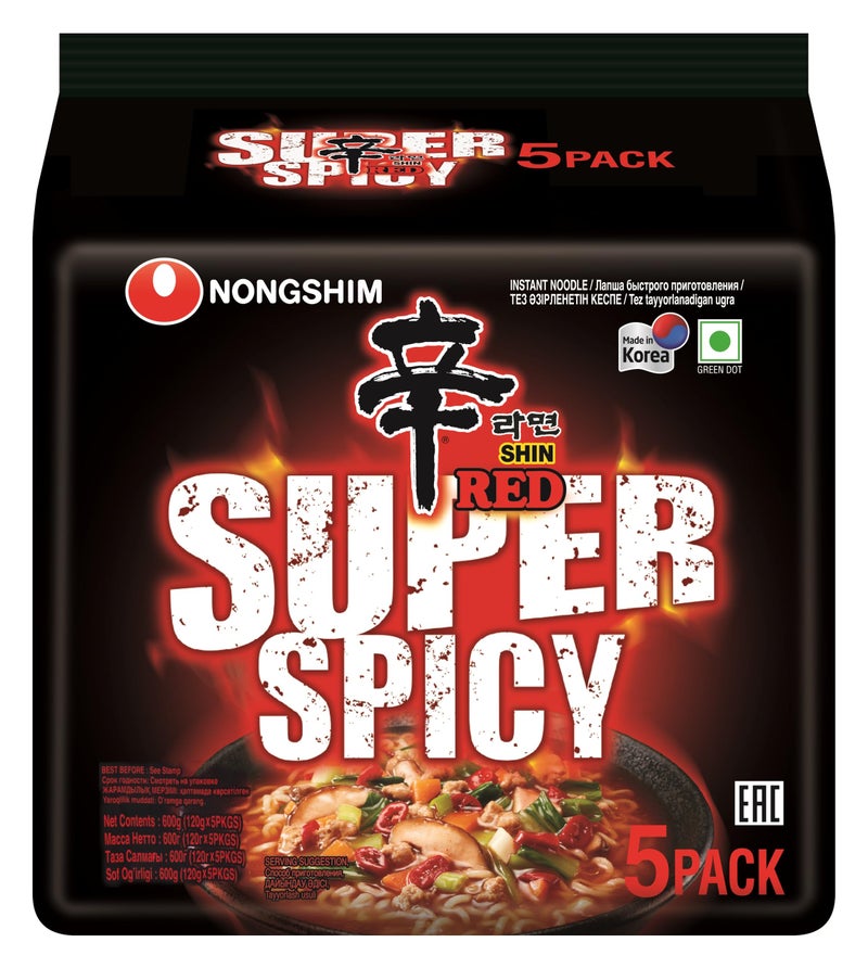 Nongshim Shin Red Super Spicy Instant Noodles, 4.23 oz ℮ 120 g, 5 Pack - Image 1