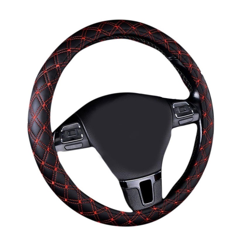 Jonscart 15inch Odorless Quilted Stitching Pattern Leather Car Steering Wheel CoverBlack with red - Image 2