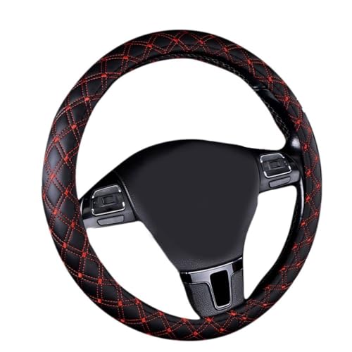 Jonscart 15inch Odorless Quilted Stitching Pattern Leather Car Steering Wheel CoverBlack with red - Image 1
