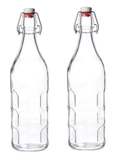 Bormioli Rocco Set Of 2 Moresca Bottles, 33.75 Oz. Clear Textured Glass, With Swing Top Hermetic Lid, Leak Proof Water Bottle, Dishwasher Safe, Made In Italy