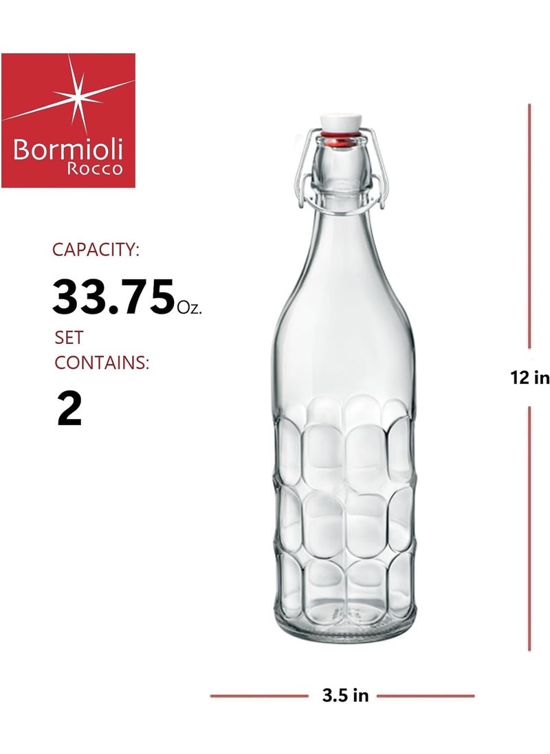 Generic - Bormioli Rocco Set Of 2 Moresca Bottles, 33.75 Oz. Clear Textured Glass, With Swing Top Hermetic Lid, Leak Proof Water Bottle, Dishwasher Safe, Made In Italy - Image 1