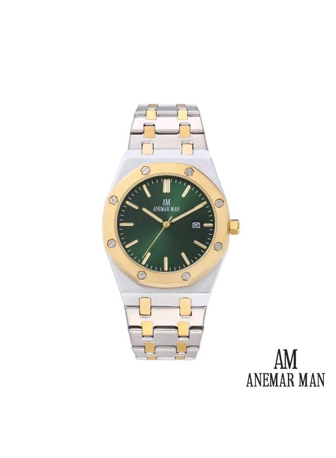 ANEMAR MAN High-quality, water-resistant men's stainless steel wristwatch with a silver and gold strap and a green dial.