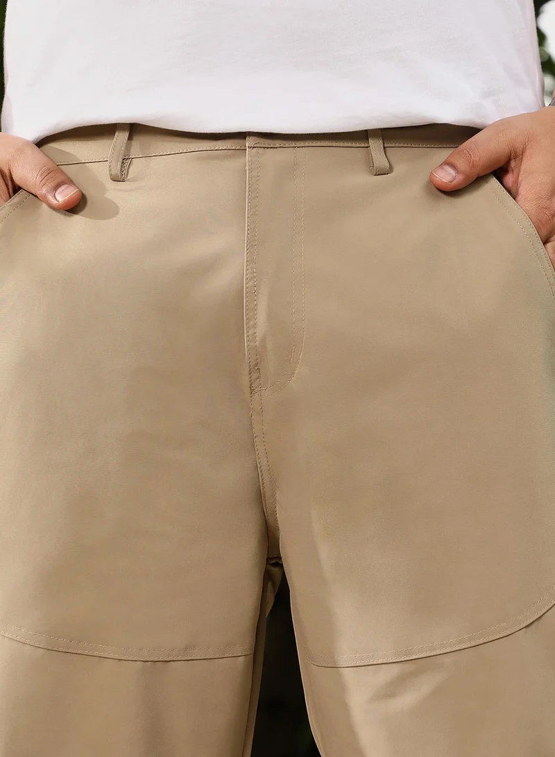 Instafab Plus  Instafab Plus Men's Sand Beige Panelled Straight-Fit Trousers | Mid Rise , Straight Hem , Button Closure | Solid Plain Polyester Blend Material For Street & Casual Wear for Men | Best Price UAE