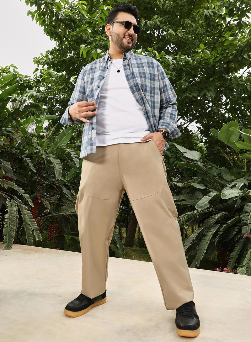 Instafab Plus  Instafab Plus Men's Sand Beige Panelled Straight-Fit Trousers | Mid Rise , Straight Hem , Button Closure | Solid Plain Polyester Blend Material For Street & Casual Wear for Men | Best Price UAE