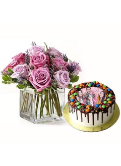 Mnm Chocolate Birthday Photo Cake With Purple Fresh Flowers