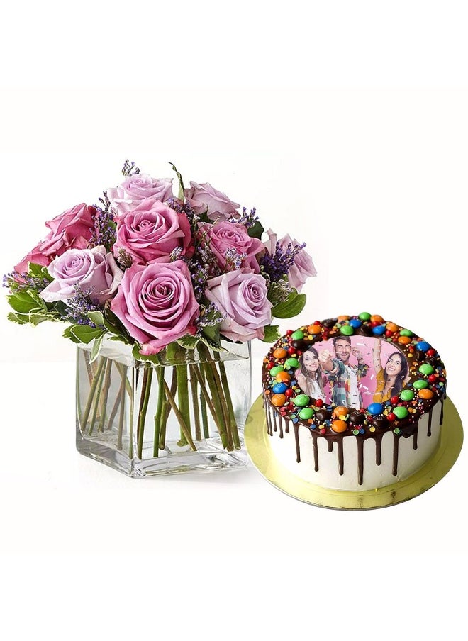 Ferns N Petals - Mnm Chocolate Birthday Photo Cake With Purple Fresh Flowers - Image 1