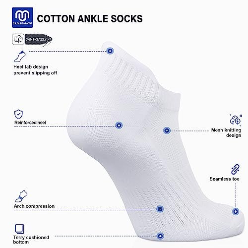 CLOSEMATE 7 Pairs Ankle Athletic Running Socks for Men Women - Comfortable Cotton Cushioned and Anti-Blister(7White, Size M) - Image 2