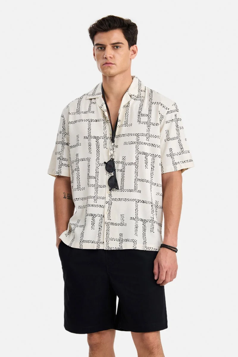 SNITCH Off White Abstract Half Sleeve Boxy Shirt