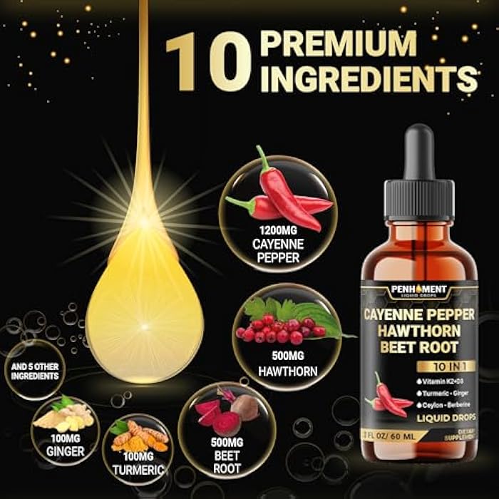 Penhoment 10 في 1 قطرات سائلة من فلفل كايين + توت الزعرور، جذر الشمندر، كركم، زنجبيل والمزيد - 2 أونصة سائلة - إمداد لمدة شهرين - Image 3