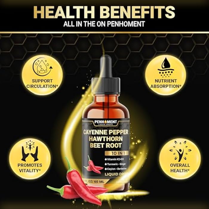 Penhoment 10 في 1 قطرات سائلة من فلفل كايين + توت الزعرور، جذر الشمندر، كركم، زنجبيل والمزيد - 2 أونصة سائلة - إمداد لمدة شهرين - Image 4