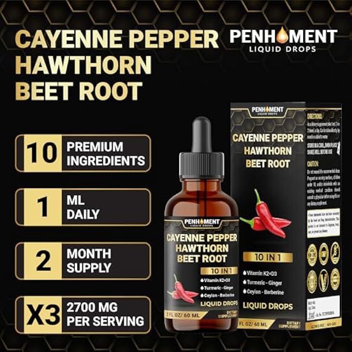 Penhoment 10 في 1 قطرات سائلة من فلفل كايين + توت الزعرور، جذر الشمندر، كركم، زنجبيل والمزيد - 2 أونصة سائلة - إمداد لمدة شهرين - Image 5